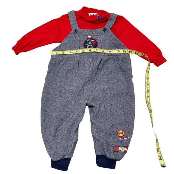 Vintage 90’s Pin Stripe Train Embroidered Overall Set Boys 18M Turtleneck Fall - Picture 7 of 8